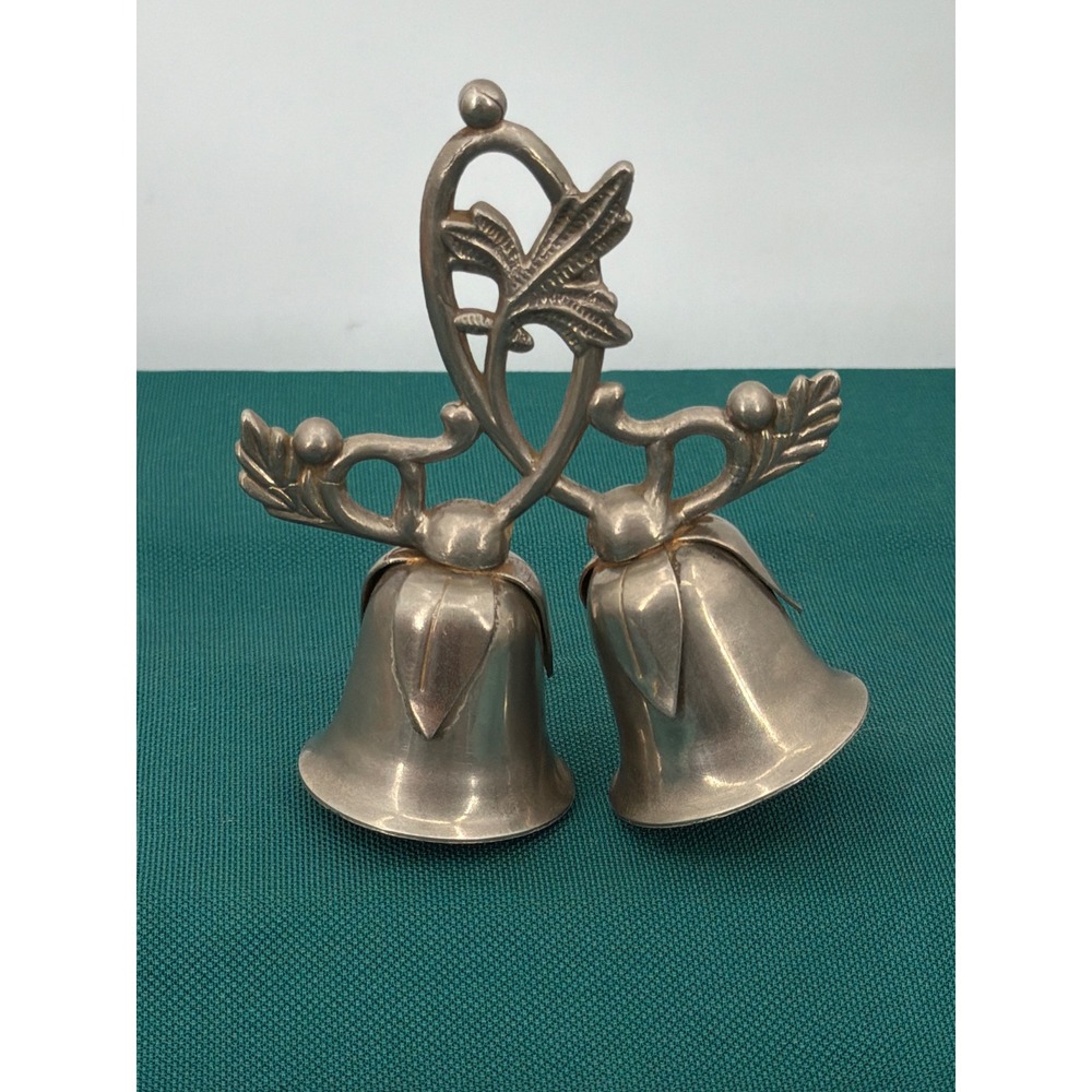 Vintage‎ Silver Plated Double Wedding Bells Figurine Hong Kong Ornate Leaf 4"